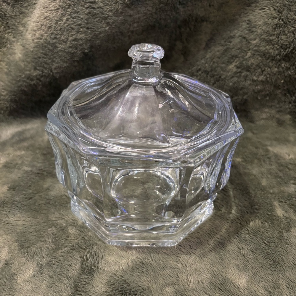 Vintage Unmarked Clear Pressed Glass Covered Candy Dish Octagon Trinket Jar